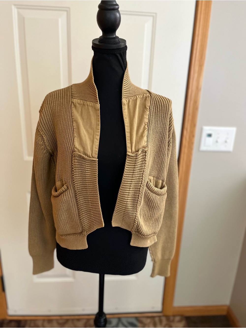 Women’s We The Free worn thru surplus open front cardigan khaki color. Size XS